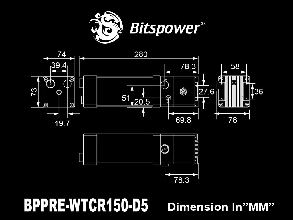 Bitspower Premium Cuboid Reservoir 150 (D5) V Y R A L
